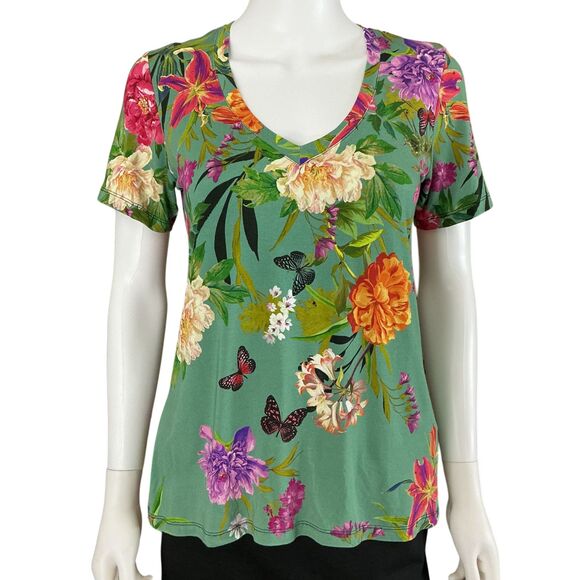 Johnny Was Tops - Johnny Was Panya Favorite Floral V-Neck T-Shirt Women's Size M Butterflies BOHO